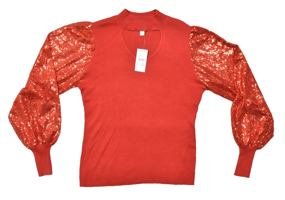Cato Women 14/16W Red Ribbed Knit Top Sequin Balloon Sleeve Mock Neck Cutout NEW